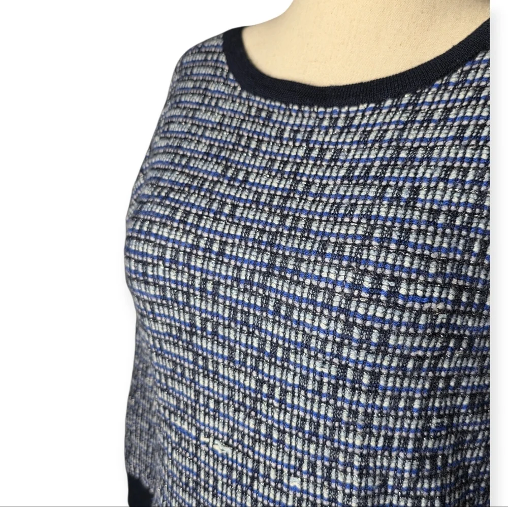 J.Crew Blue Plaid Tweed Knit Wool Blend Sweater Large 3/4 Sleeve